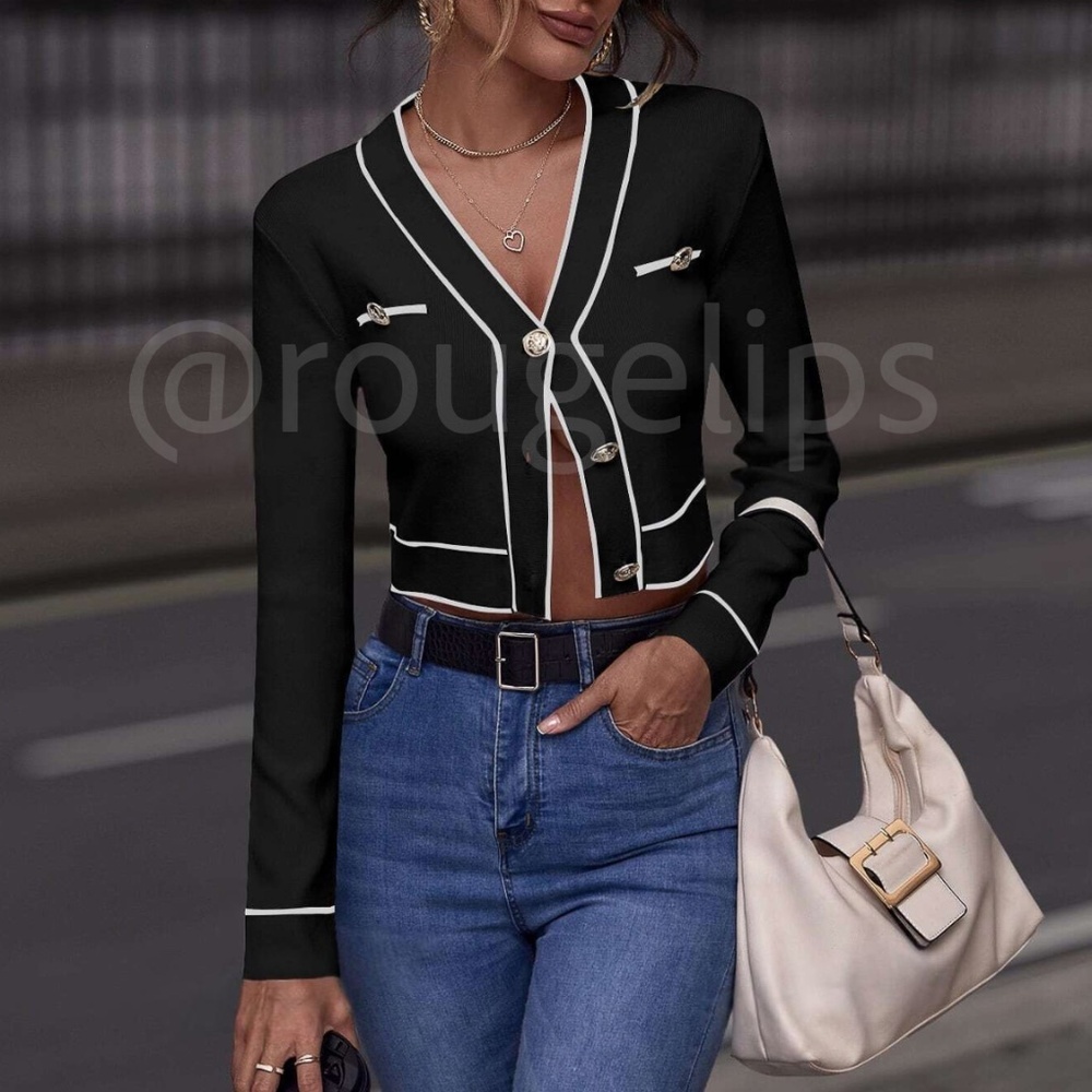 Black Cropped Cardigan Contrast White Binding Button Front